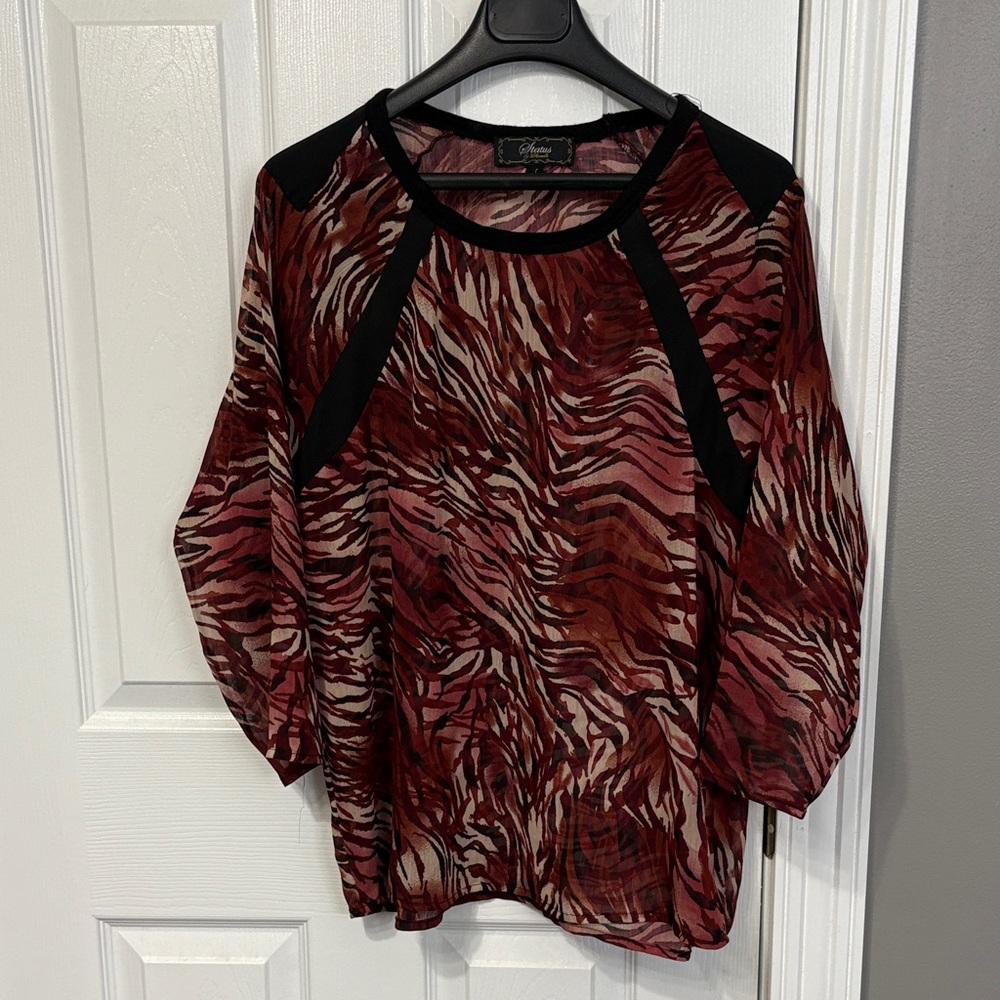 Chic Animal Print Blouse - Maroon and Black